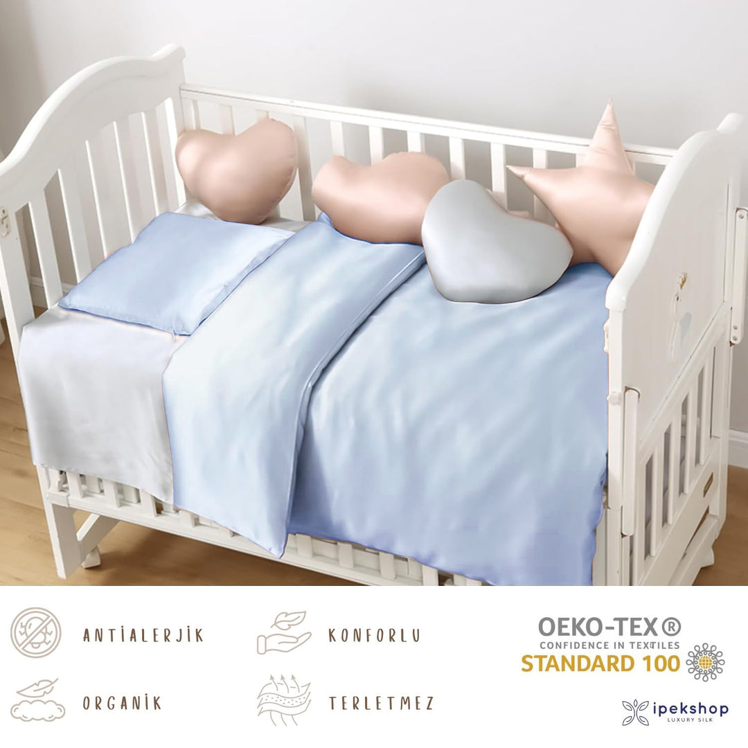 İpek Bebek Mavi Nevresim Takımı - %100 Saf İpek, Hipoalerjenik, Nefes Alabilir